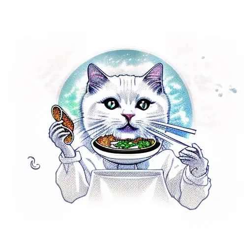 anime cute white cat eating ramen, vector graphic design, high detailed, 8k tattoo design idea