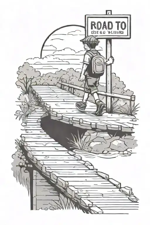 kid walking on a bridge with a sign saying Road to riches tattoo design idea