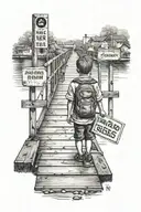 kid walking on a bridge with a sign saying "Road to riches"  tattoo design idea