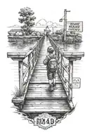 kid walking on a bridge with a sign saying "Road to riches"  tattoo design idea