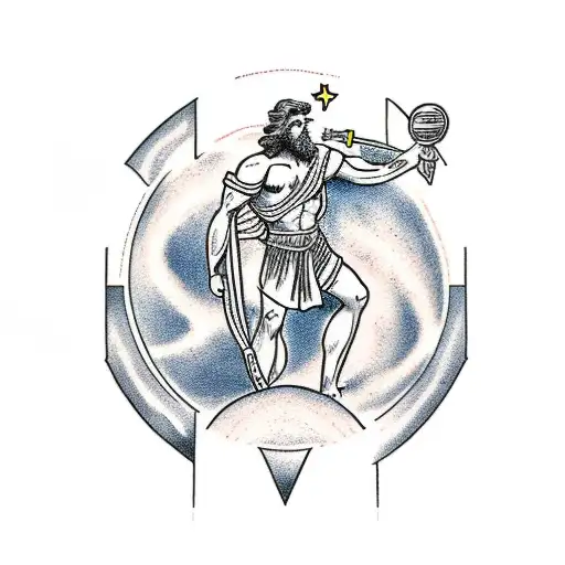 greek god holding saturn planet between his arms tattoo design idea