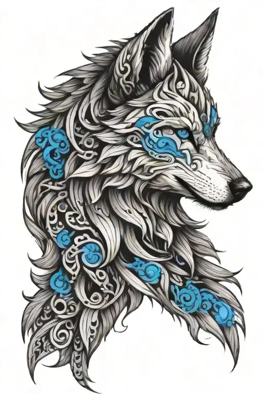 wolf in Viking style with bright blue eyes like fire tattoo design idea