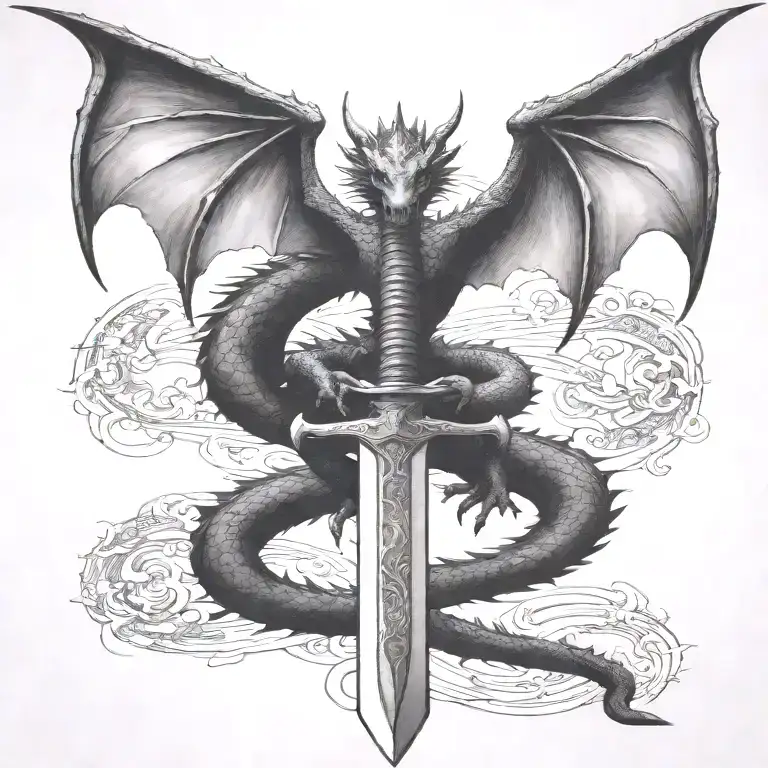 dragon wings spread behind a sword with tail wrapped around it tattoo design idea