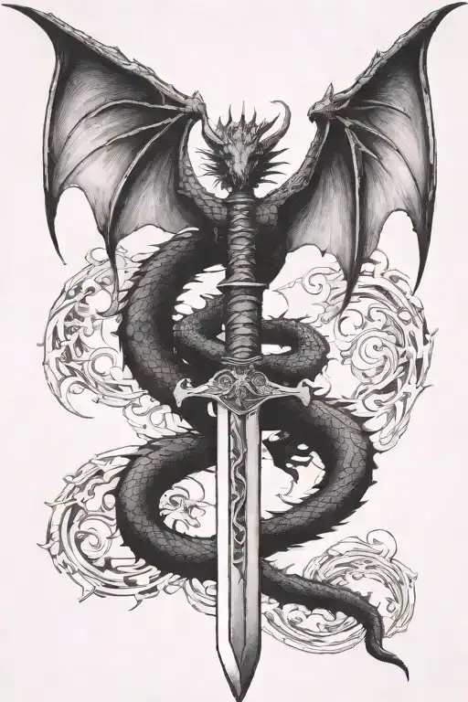 dragon wings spread behind a sword with tail wrapped around it tattoo design idea