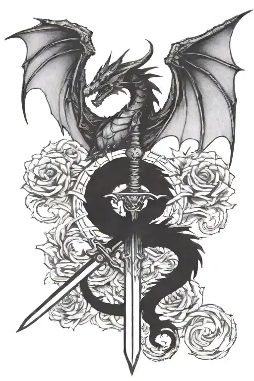 dragon wings spread behind a sword with tail wrapped around it tattoo design idea