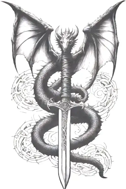 dragon wings spread behind a sword with tail wrapped around it tattoo design idea