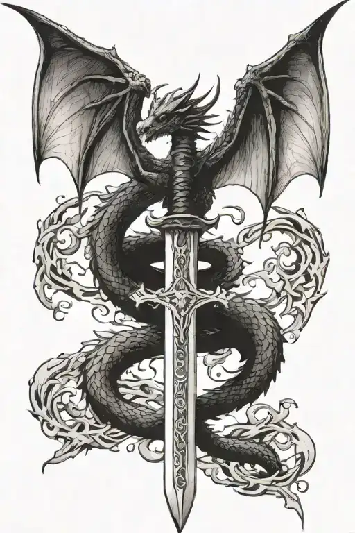 dragon wings spread behind a sword with tail wrapped around it tattoo design idea