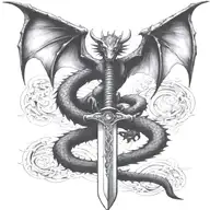 dragon wings spread behind a sword with tail wrapped around it tattoo design idea