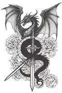 dragon wings spread behind a sword with tail wrapped around it tattoo design idea