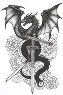 dragon wings spread behind a sword with tail wrapped around it tattoo design idea