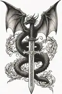 dragon wings spread behind a sword with tail wrapped around it tattoo design idea