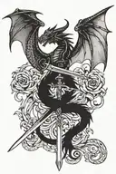 dragon wings spread behind a sword with tail wrapped around it tattoo design idea