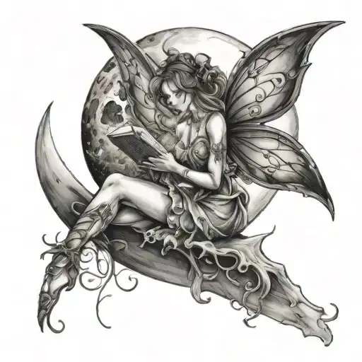 fairy sitting on moon reading a book tattoo design idea