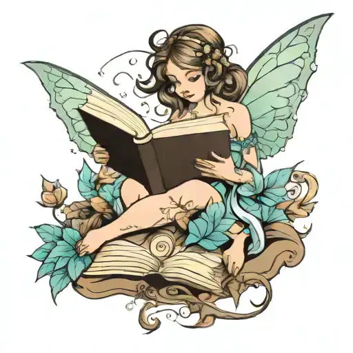 fairy reading book tattoo design idea