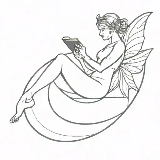 fairy sitting on crescent moon reading a book tattoo design idea