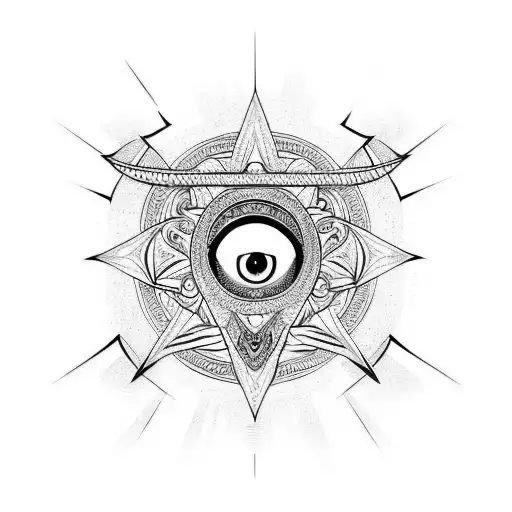 A traditional tattoo design incorporating a dragon, an all-seeing eye, and a lion with the YSL logo integrated into a decorative banner. tattoo design idea