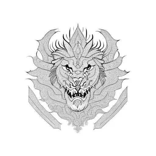 Dragon, lion, all-seeing eye, YSL inscription tattoo design idea
