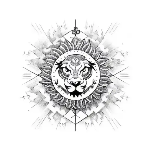 A traditional tattoo design incorporating a dragon, an all-seeing eye, and a lion with the YSL logo integrated into a decorative banner. tattoo design idea