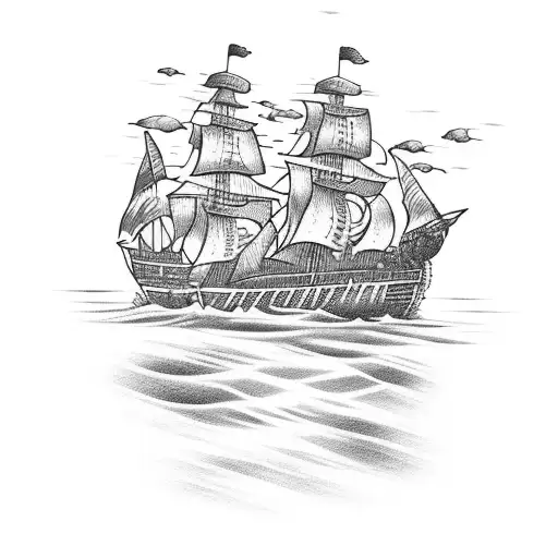 A majestic pirate ship sailing on rough waters with candles tattoo design idea