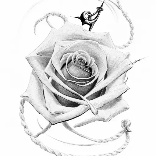 A realistic rose entwined with a ship's anchor tattoo design idea