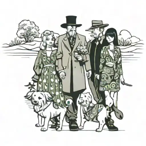 husband and wife and daughter plus 2 small white dogs walking towards life, future tattoo design idea