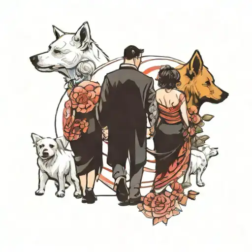 husband and wife and small baby girl plus two small white dogs walking towards life, view from behind  tattoo design idea