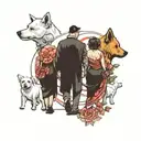 husband and wife and small baby girl plus two small white dogs walking towards life, view from behind  tattoo design idea