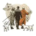 husband and wife and small baby girl plus two small white dogs walking towards life, view from behind  tattoo design idea