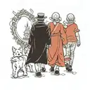 husband and wife and small baby girl plus two small white dogs walking towards life, view from behind  tattoo design idea