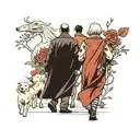 husband and wife and small baby girl plus two small white dogs walking towards life, view from behind  tattoo design idea