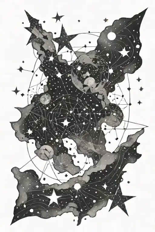 A galaxy map with constellations representing different family members connected by shooting stars tattoo design idea