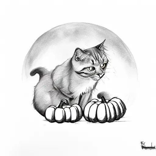 Sketch-style design of a mischievous black cat carving a pumpkin tattoo design idea