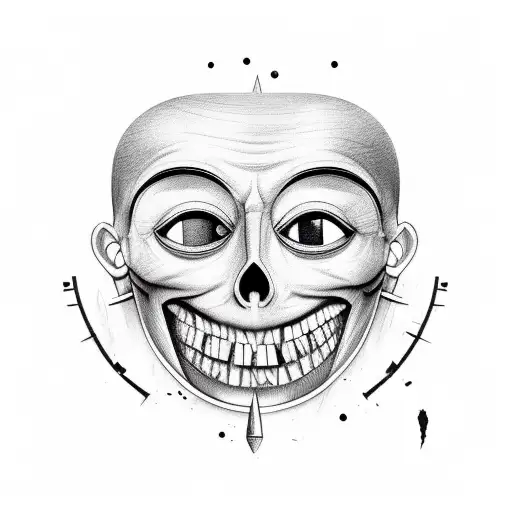 evil comedy and tragedy masks with bloody saw blade cutting in between them. tattoo design idea