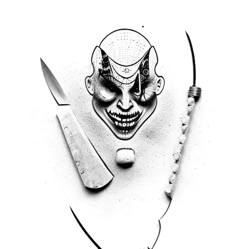evil comedy and tragedy masks with bloody saw blade cutting in between them. tattoo design idea