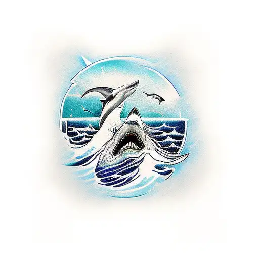 sleeve with great white shark, waves and a clock tattoo design idea