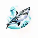 sleeve with great white shark, waves and a clock tattoo design idea