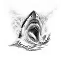 sleeve with great white shark, waves and a clock tattoo design idea