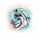 sleeve with great white shark, waves and a clock tattoo design idea