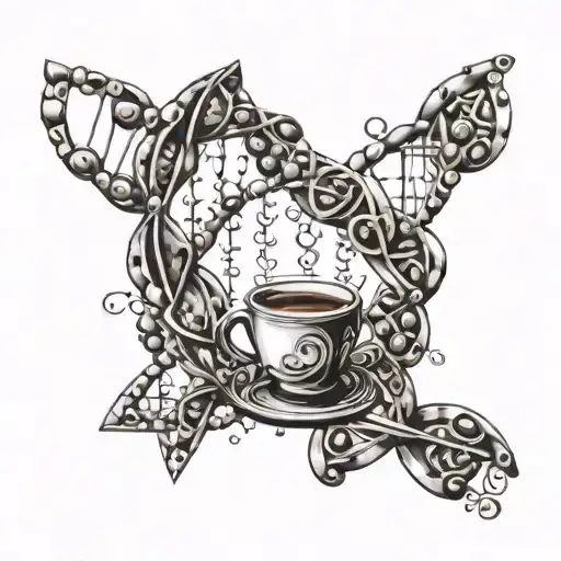 A DNA double helix pattern with coffee beans and mathematical symbols incorporated, representing your interests in biotechnology and coffee tattoo design idea