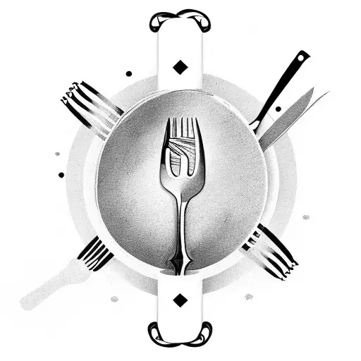 A tattoo of a chef's knife and fork intertwined with a quill pen, surrounded by abstract poetry verses and sketchy floral patterns tattoo design idea