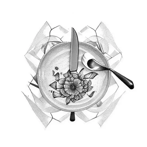 A tattoo of a chef's knife and fork intertwined with a quill pen, surrounded by abstract poetry verses and sketchy floral patterns tattoo design idea