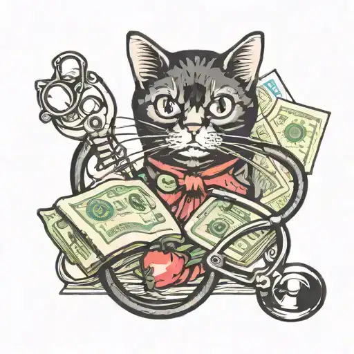 Strawberrry, Stethoscope, Money, Book, Black Cat sitting tattoo design idea