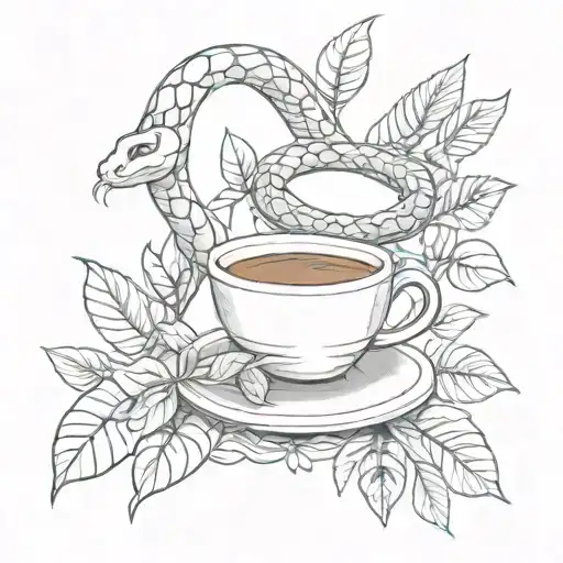A snake winding around a coffee plant, with musical symbols hidden in the leaves tattoo design idea