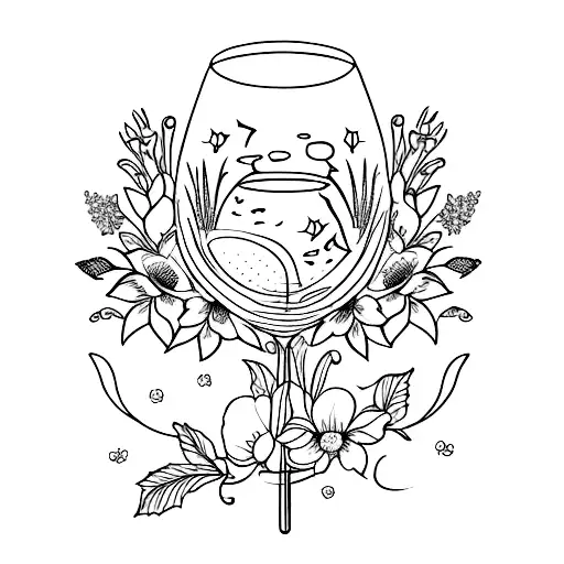 A blackwork tattoo of a wine glass surrounded by blooming flowers tattoo design idea