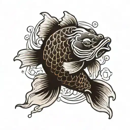 black koi swimming down from shoulder. Tail is made of dead man's hand playing card. mouth is just below elbow tattoo design idea