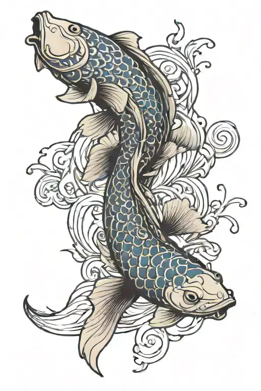 sleeve tattoo featuring a koi fish with tail on the shoulder and the head just past the elbow, twisting down the arm.  tattoo design idea