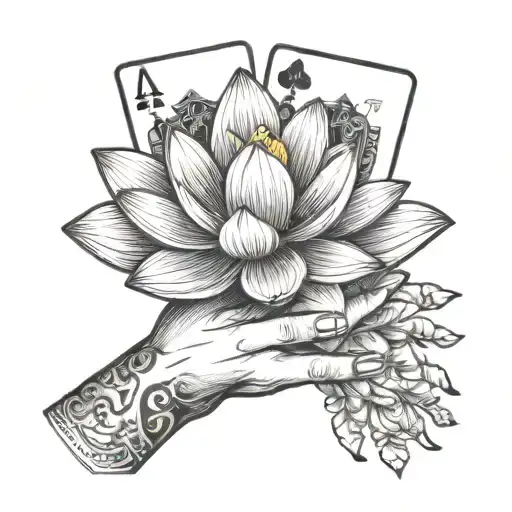 A poker hand holding a lotus flower, blending the themes of luck and enlightenment tattoo design idea