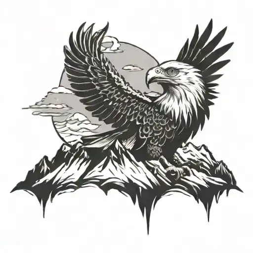 mountain and eagle with a crown on its head tattoo design idea