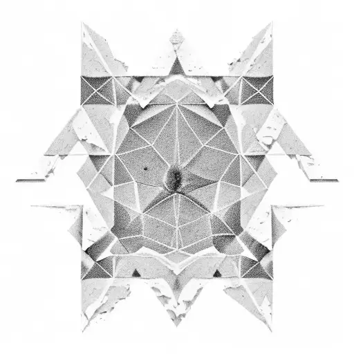 A military formation grid of squares or triangles, with a shattered area breaking apart into smaller geometric shapes and sharp lines, integrated with a quote in a modern, geometric font within the fragmented area tattoo design idea