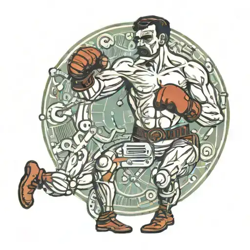 a human boxer with a mustache fights against an iron robot tattoo design idea